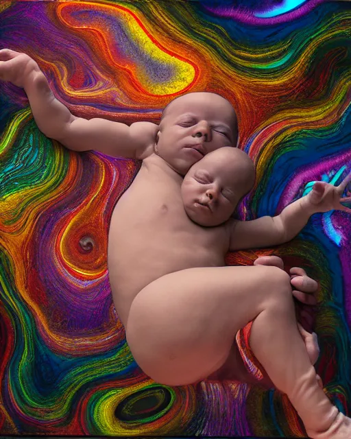 Image similar to realistic scene of a creation of first human baby, psychedelic, dark art, facing camera, photo realistic, detailed, 1 4 5 0, delicate, hyper realism, ultra realistic, 8 k