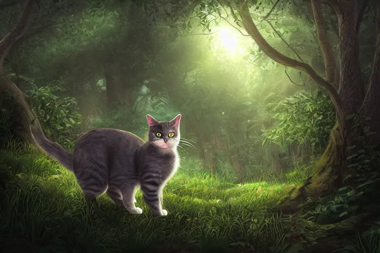 Image similar to a cat in a forest, highly detailed, digital art, trending on artstation, backlighting, by kawacy