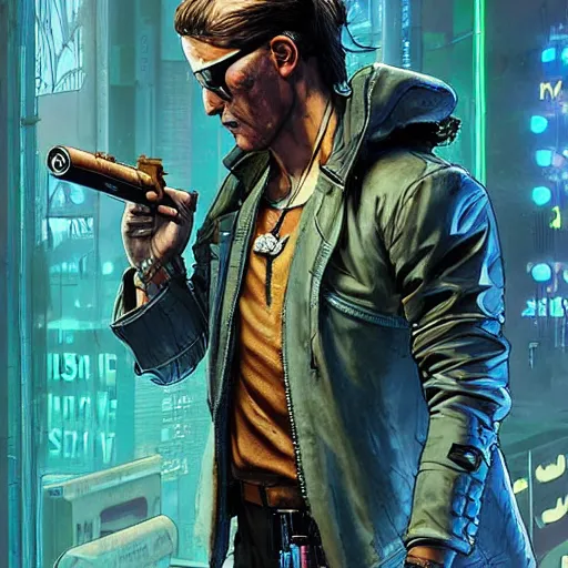 Image similar to Ezra. cyberpunk mercenary smoking a cigar. Style of James Gurney and Mœbius. (Cyberpunk 2077. Blade Runner. Apex Legends. The matrix)