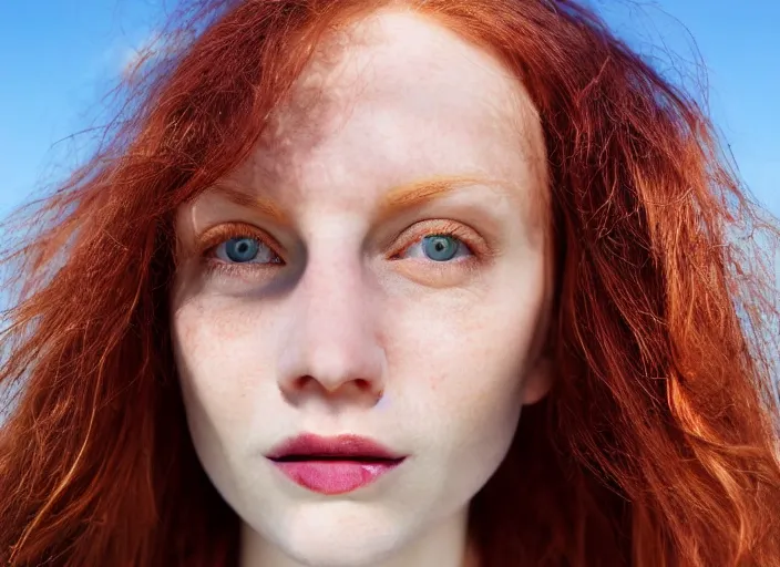 Image similar to close up portrait photograph of a thin young redhead woman with russian descent, sunbathed skin, with deep blue eyes. Wavy long maroon colored hair. she looks directly at the camera. Slightly open mouth, face takes up half of the photo. a park visible in the background. 55mm nikon. Intricate. Very detailed 8k texture. Sharp. Cinematic post-processing. Award winning portrait photography. Sharp eyes.