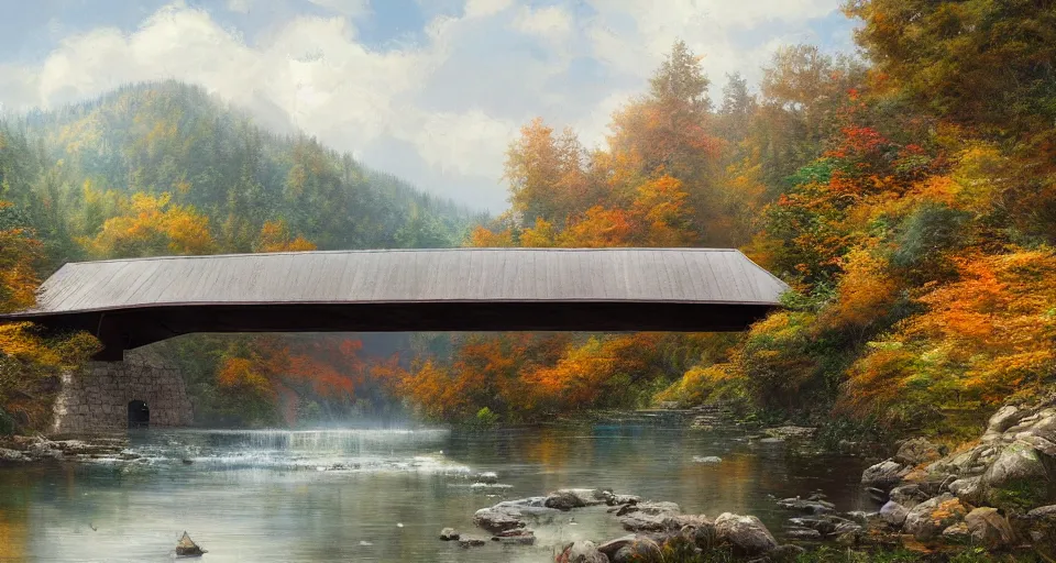 Prompt: A beautiful digital painting of a covered bridge, crystal lake, lovely valley by Stanley Artgerm Lau, Rossdraws, James Jean, gerald brom, Andrei Riabovitchev, Marc Simonetti, and Sakimichan, trending on artstation