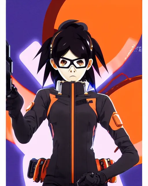 Prompt: Anime as Tracer Overwatch wearing leather-coat; in mask-orange-coloured || cute-fine-face, pretty face, realistic shaded Perfect face, fine details. Anime. realistic shaded lighting poster by Ilya Kuvshinov katsuhiro otomo ghost-in-the-shell, magali villeneuve, artgerm, Jeremy Lipkin and Michael Garmash and Rob Rey as Overwatch Tracer cute smile
