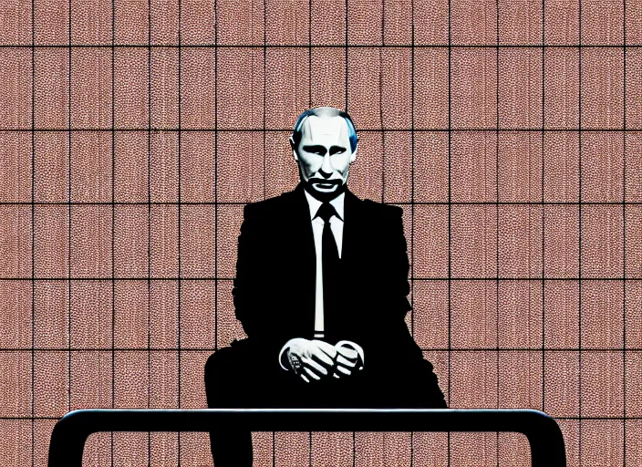 Image similar to Vladimir Putin as sad Keanu on a prison bench,behind bars, modern art deco, Mads Berg, Karolis Strautniekas,stippled light, dramatic lighting,fine texutre, editorial illustration,matte print, film noir, dark blue+dark orange+orange+beige+black+white,dynamic composition,moody, bauhaus