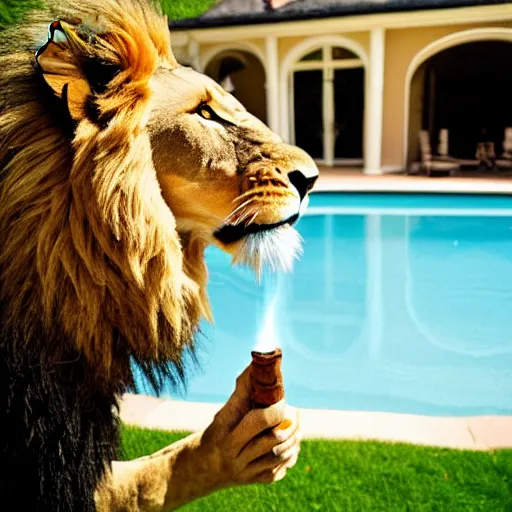 Image similar to a very detailed photo of a lion ( smoking a cigar ) outside the mansion by the pool