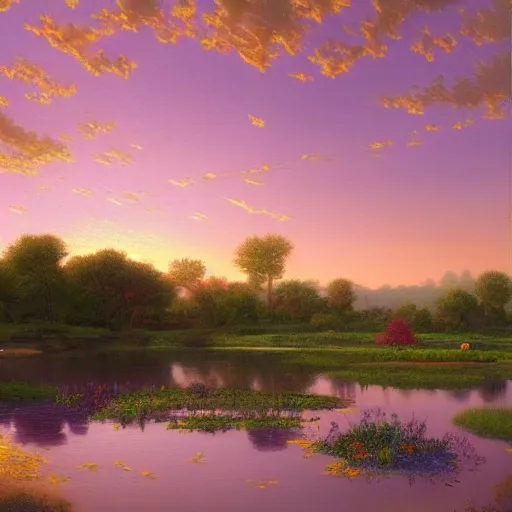 Prompt: a painting of a duck pond at sunset, surrounded by flower bushes, a detailed matte painting by marc simonetti, deviantart, hudson river school, terragen, pink clouds, pastel sky, trending on artstation