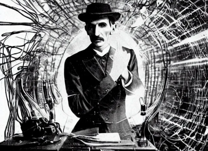 Prompt: Nikola Tesla In an Electric room shocked to the eyes commanding electric current with his hands, award winning Hollywood movie