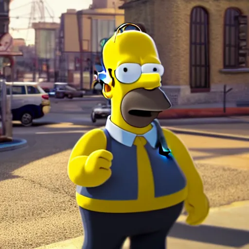 Image similar to photo of homer simpson as a human being on a street, not yellow, face shaped like homer simpson, photorealistic, 8 k, unreal engine