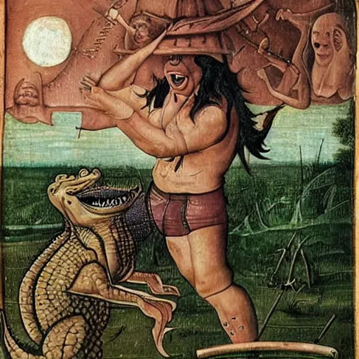 Prompt: crocodile driving a pink cadillac took the wrong exit of the 4 0 5, glenn danzig is hitchhiking on the side of the road, in the style of hieronymus bosch