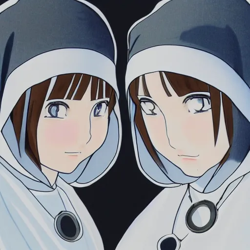 Prompt: a scene of two identical beautiful nuns face to face, clean, full of detail, subtle anime style