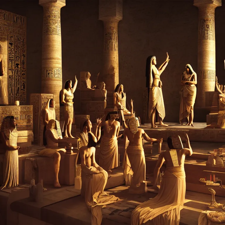 Prompt: ancient egyptians worshiping the pharaoh, dream-like atmosphere, symmetrical baroque painting, perfect composition, beautiful detailed intricate insanely detailed octane render trending on Artstation, 8K artistic photography, photorealistic, soft natural volumetric cinematic perfect light, chiaroscuro, award-winning photograph, masterpiece, Raphael, Caravaggio, Greg Rutkowski, Beeple