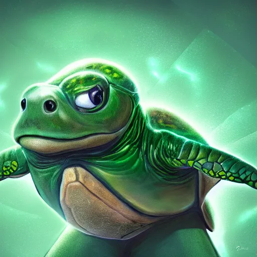 Image similar to insanely cute turtle male wizard strong face with glowing disney eyes, realistic high detailed scales octane render, portrait, face symmetry, centered, anime style, disney character style green enlightened background