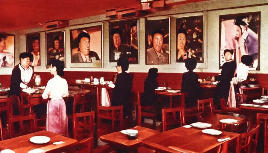 Prompt: 70s movie still of north-korean restaurant palace with kim il-sung portrait, eastmancolor, heavy grain, high quality, higly detailed