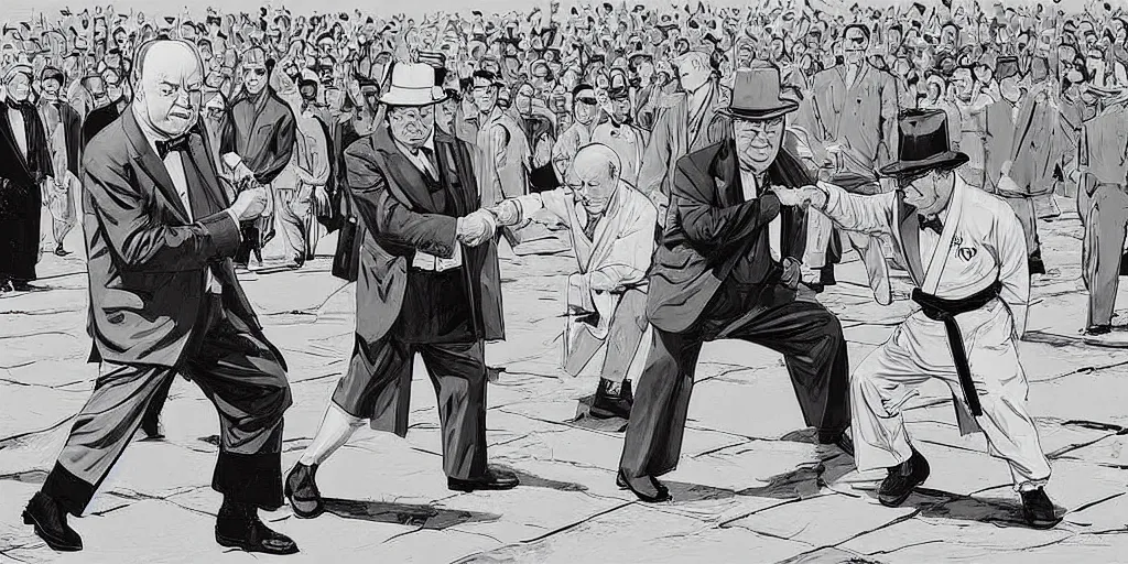 Image similar to Winston Churchill teaching Eisenhower karate. Epic painting by James Gurney and Laurie Greasley.