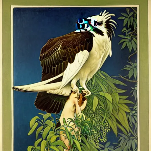 Prompt: An osprey by Henri Rousseau and Alphonse Mucha.