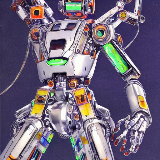 Prompt: portrait of the full - metal mecha nature - loving robot orion in electrical wired neon iridescent outfit, the robot holds the source code of the world, hanafuda cover illustration for vogue by yoji shinkawa, esao andrews and yoshitaka amano