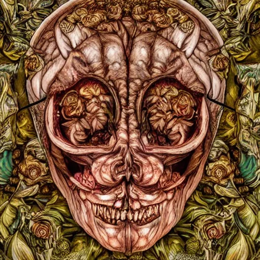 Image similar to a beautiful detailed rococo 8 0's photo of a rotten woman corpse with face muscles, veins, arteries, fractal plants and fractal flowers and mushrooms growing around, intricate, ornate, volumetric light, beautiful lit, beetlejuice
