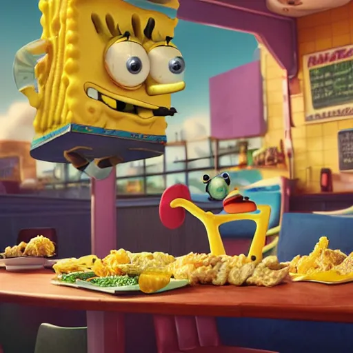 Image similar to hyperrealistic spongebob eating at the krusty krab, stunning 3 d render inspired by istvan sandorfi & greg rutkowski, perfect symmetry, dim volumetric cinematic lighting, 8 k octane comprehensive render, extremely hyper - detailed attributes & atmosphere, intricately proportional, realistic flesh texture, masterpiece, artstation, stunning,