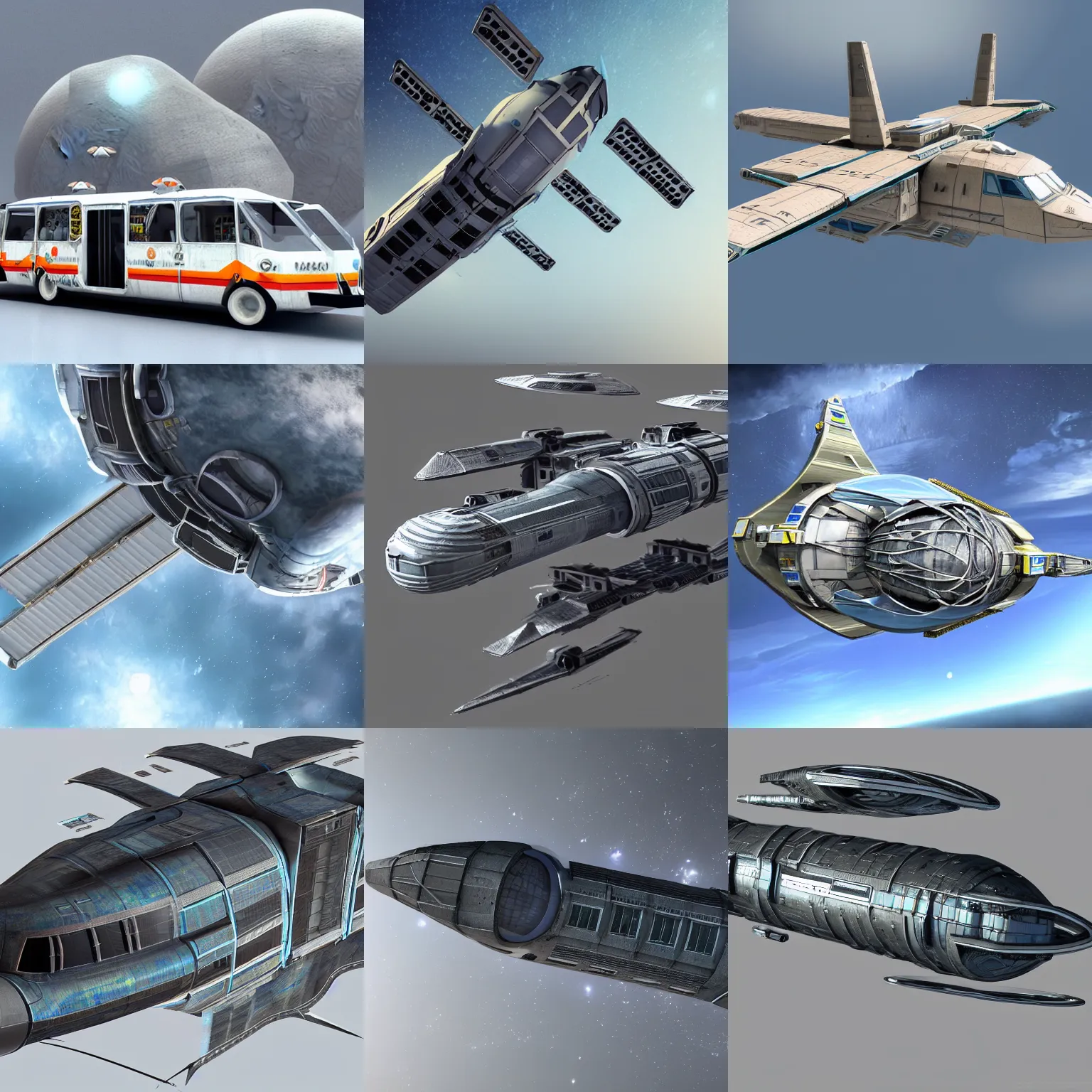 Prompt: concept design art of a spaceship made from a recycled bus, flying in space, highly detailed render, photorealistic