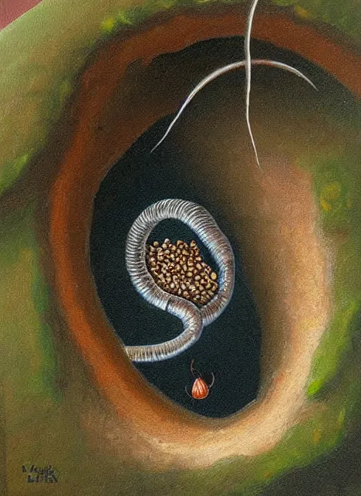 Prompt: Oil painting - a regular earthworm with a tiny little crown peeking out form a hole, Masterpiece, Wolfgang Lettl highly detailed, hints of Yayoi Kasuma