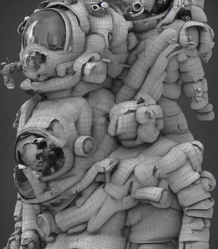 Image similar to detailed 3d sculpture of an astronaut by clogtwo and ben ridgway inspired by beastwreckstuff chris dyer and jimbo phillips. 3d infused retrofuturist style. Hyperdetailed high resolution. Render by binx.ly in discodiffusion. Dreamlike surreal polished render by machine.delusions. Sharp focus.