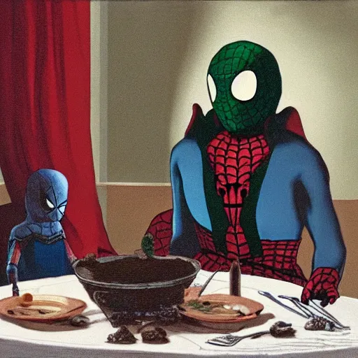 Image similar to Mysterio eating dinner with Spider-Man, artwork by Franz Sedlacek,