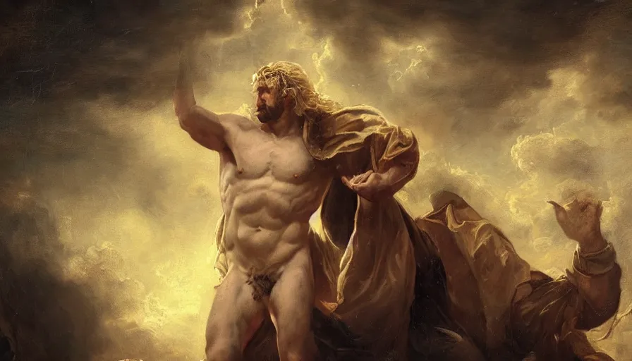 Prompt: Baroque painting of Gerard Butler as Zeus, hyperdetailed, artstation, cgsociety, 8k