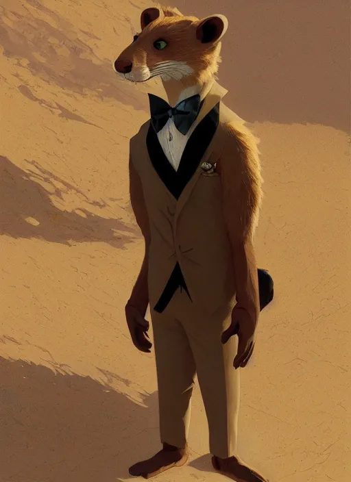 Image similar to Character portrait of a happy furry anthro weasel wearing a tan vest, bowtie, black slacks in the desert wilderness, intricate, elegant, highly detailed, digital painting, artstation, concept art, smooth, sharp focus, illustration, art by Krenz Cushart and Artem Demura and alphonse mucha