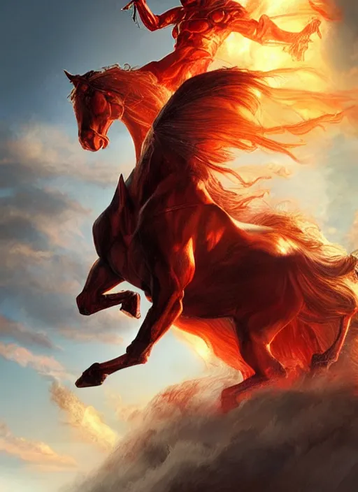 Prompt: the first singular horseman of the apocalypse riding a strong big red stallion, horse is running, the rider carries a large sword, flames from the ground, artwork by artgerm and rutkowski, breathtaking, dramatic