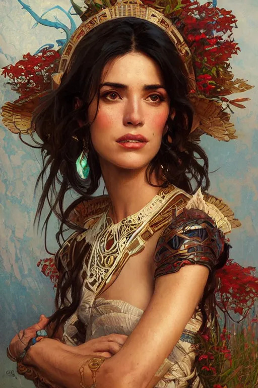 Prompt: Ana de la Reguera portrait, Aztec fantasy, elegant, intricate, by Stanley Artgerm Lau, greg rutkowski, thomas kindkade, alphonse mucha, loish, norman Rockwell