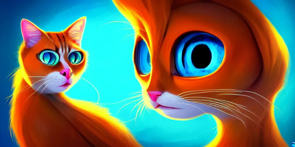 Image similar to curved perspective, extreme narrow, extreme fisheye, digital art of a big blue eyes female cat with ginger hairstyle with blue flower in her hair by anton fadeev from nightmare before christmas