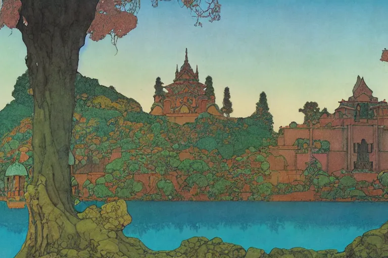 Prompt: ancient temple by a lake at dawn | by Edmund Dulac and Maxfield Parrish and Nicholas Roerich | ornate carvings| climbing vines| rich color | dramatic cinematic lighting | extremely clear and detailed