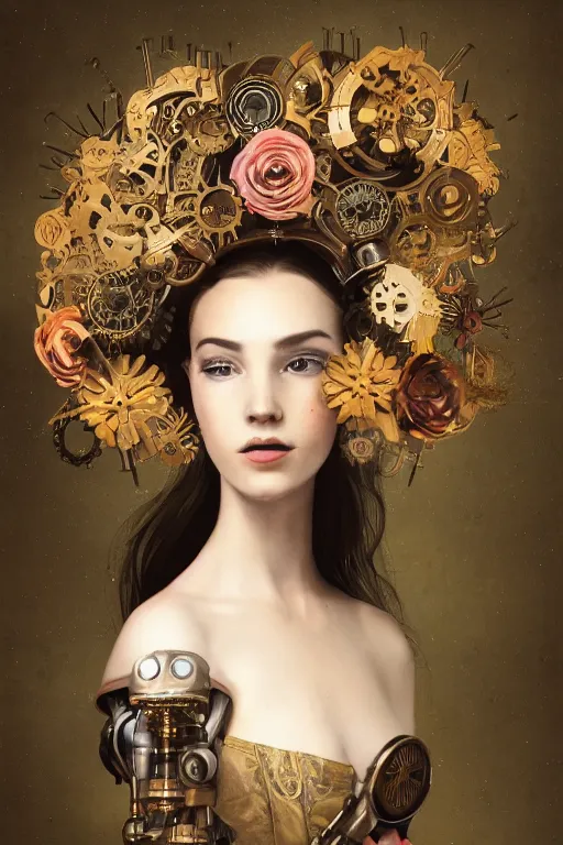 Image similar to close-up portrait of a beautiful young cyborg woman with a big steampunk flower crown, Honoré Beaumier lithography