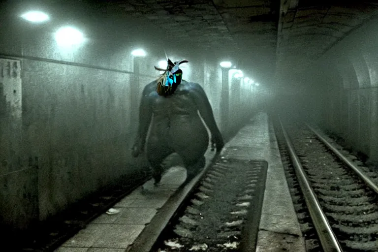 Prompt: very large giant mutant zombie irradiated ( angry rat ) staying on railways in tonnel of moscow subway. tonnel, railways, giant angry rat, furr, fangs, claws, very realistic. fog, silent hill style, extreme long shot, herman nitsch, giger.