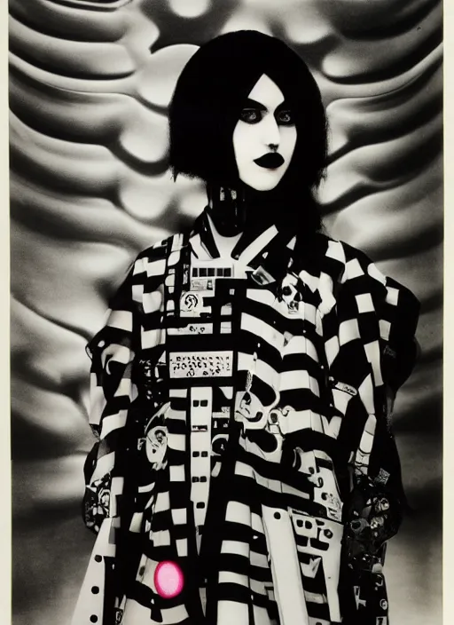 Image similar to Portrait of a punk goth fashion fractal cosmonaut girl with a television head wearing kimono made of circuits and leds, surreal photography by Man Ray