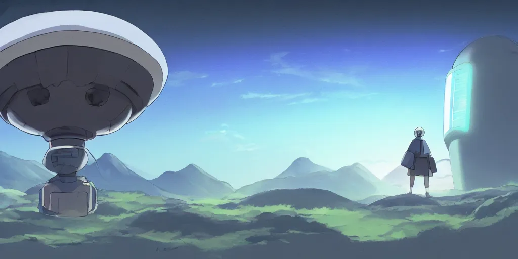 Image similar to an asymmetrical cell - shaded studio ghibli concept art study of a giant silver hovering ufo shining a spotlight on a middle eastern merchant. very dull colors,, hd, 4 k, hq