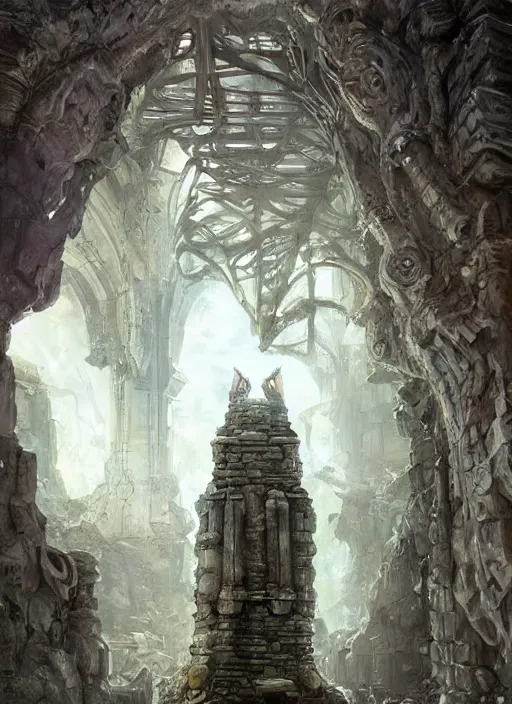 Prompt: a towering stone pillar covered with strange ancient mechanisms, in an ancient vault, crumbling temple ruins, fantasy digital painting, stunning intricate details, torch lighting, artwork by ross tran, artgerm