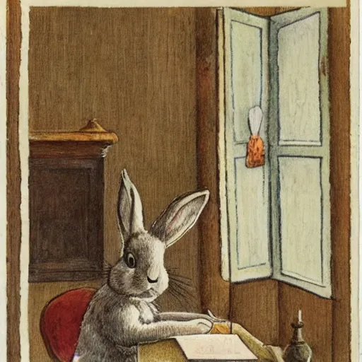 Image similar to a rabbit writing a letter inside a small room, in the style of carl larsson