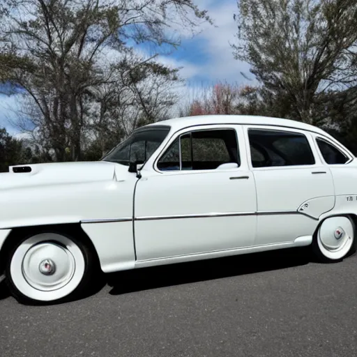 Prompt: Photo of a white 1953 Subaru WRX sedan