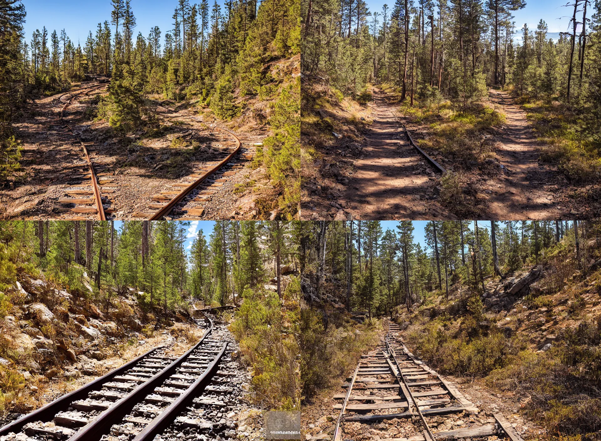 Prompt: entrance to abandoned mine rail tracks lead from the mine a mine cart sits on the tracks sheer cliffs surround the scene, high elevation, sparse pine forest long shadows, golden hour, wide angle