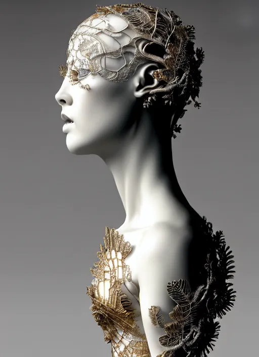 Image similar to complex 3d render ultra detailed of a beautiful porcelain profile woman face, mechanical cyborg, 150 mm, beautiful natural soft light, rim light, studio light, silver gold details, Alexander Mcqueen haute couture, magnolia big leaves and stems, roots, fine foliage lace, mesh wire, intricate details, hyperrealistic, mandelbrot fractal, anatomical, red lips, silver metal armor, facial muscles, cable wires, microchip, elegant, white background, octane render, H.R. Giger style, 8k