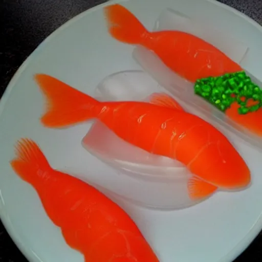 Prompt: goldfish made out of sushi