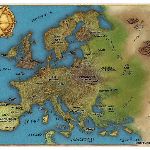 Prompt: map of fantasy world, 8 k quality, tolkien style