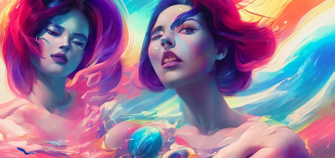 Prompt: beautiful, vibrant woman floating in space with rainbow hair and a relaxed expression, fullbody, by Tristan Eaton Stanley Artgerm and Tom Bagshaw, Makoto Shinkai ilya kuvshinov and Wojtek Fus