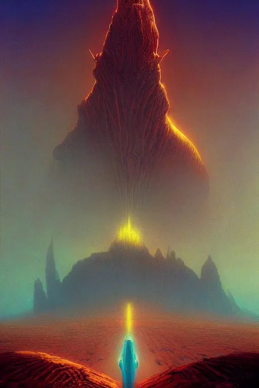 Image similar to 🔥::3, dreamlike, psychedelic, otherworldly, weird, cyberpunk, vaporware, interesting details, volumetric lighting, dramatic, fantasy, by Moebius, by zdzisław beksiński, Fantasy LUT, epic composition, 8k,