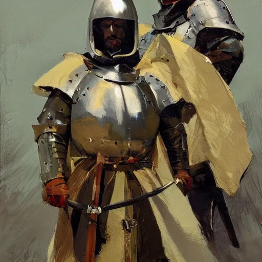 Prompt: portrait of men wearing gambeson and medieval helmets, clashing swords, detailed by greg manchess, craig mullins, bernie fuchs, walter everett