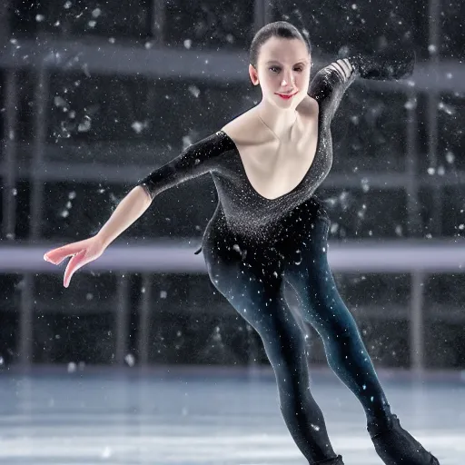 Prompt: a profssional figure skater lady practicing skating while snow is falling, photorealist 4 k depth of field - n 9