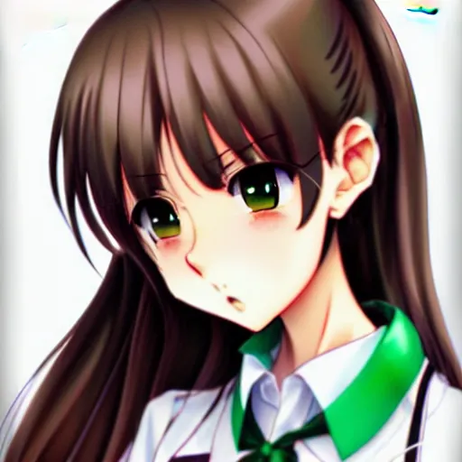 Prompt: beautiful anime high school girl, complete body view, light brown hair, ponytail, white ribbon, green eyes, full perfect face, slightly smiling, detailed school background, drawn by Artgerm, Sasoura, Satchely, no distorsion