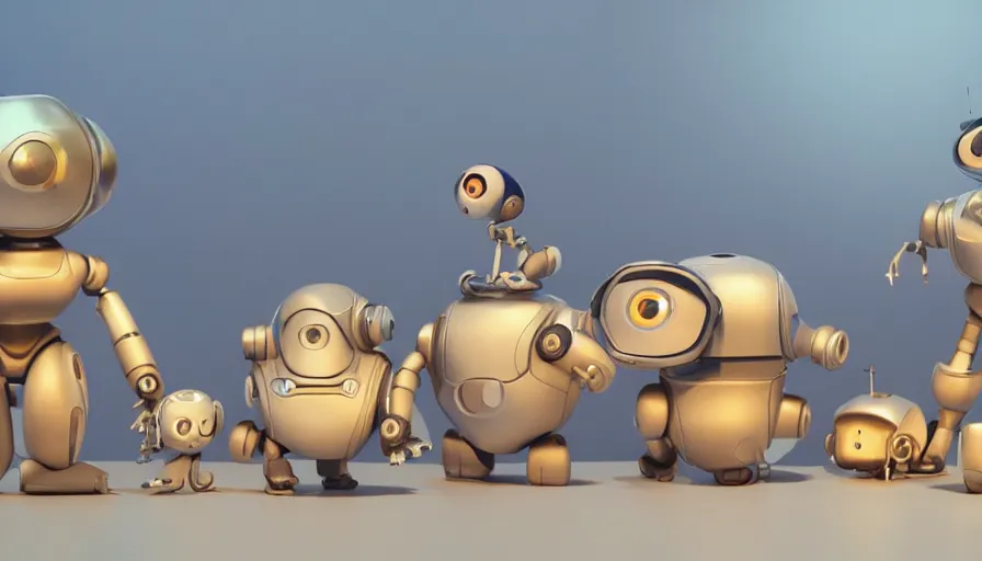 Image similar to very very very cute robots by Max Kostenko and Bobby Chiu, disney, pixar, MPC, Framestore, character design for animation, uplight, a lineup of characters, big disney eyes, symmetrical eyes, cuteness, 3d render, octane rendered, rendered by maya and houdini, highly detailed, unreal engine, Trending on Artstation, octane render, 4k, 8k, HD, oil on Canvas by Elena Zhurikhina and Goro Fujita and Charlie Bowater