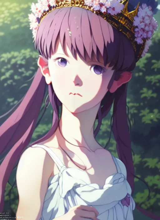 Prompt: a film still portrait of nymph girl with crown of flowers, finely detailed features, perfect art, trending on pixiv fanbox, painted by greg rutkowski makoto shinkai takashi takeuchi studio ghibli, akihiko yoshida,