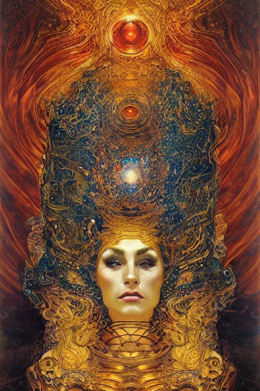 Image similar to Divine Chaos Engine by Karol Bak, Jean Deville, Gustav Klimt, and Vincent Van Gogh, beautiful visionary mystical portrait, sacred, otherworldly, fractal structures, ornate gilded medieval icon, third eye, spirals